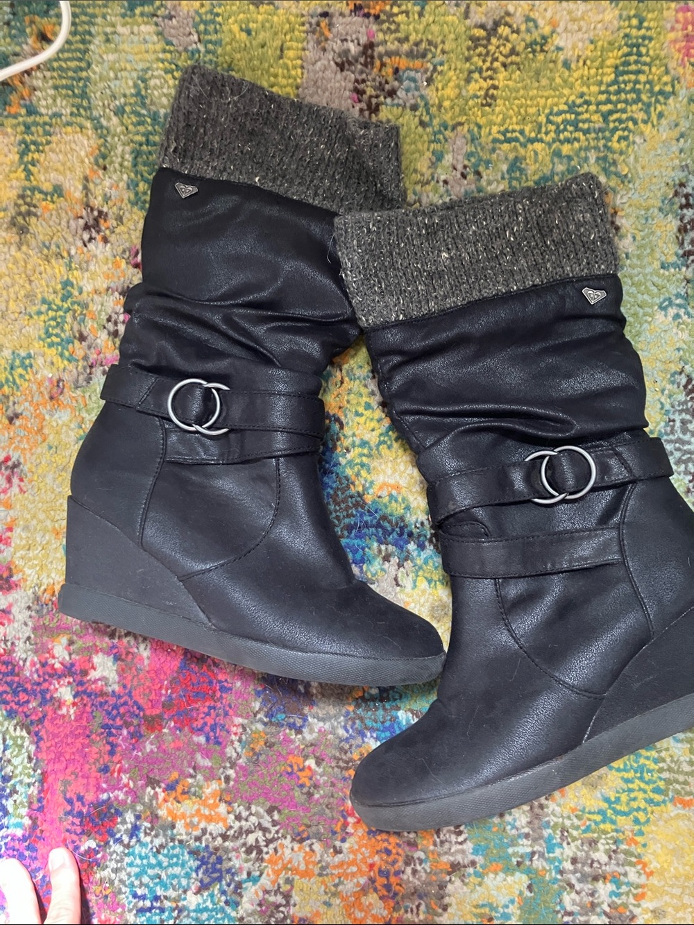 Roxy Black Wedge Heel Mid-Calf Boots with Knit Cuffs - Picture 8 of 15